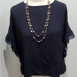 Zara Navy Flowy Boatneck Top – Frill Sleeve Blouse Women’s Medium